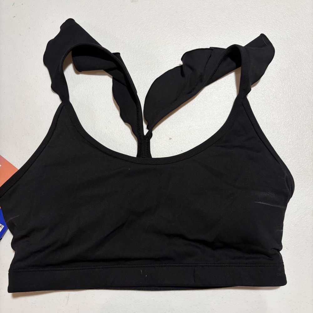 JoyLab Women"s Medium Black Ruffle Strap Sports Bra Activewear Yoga Workout